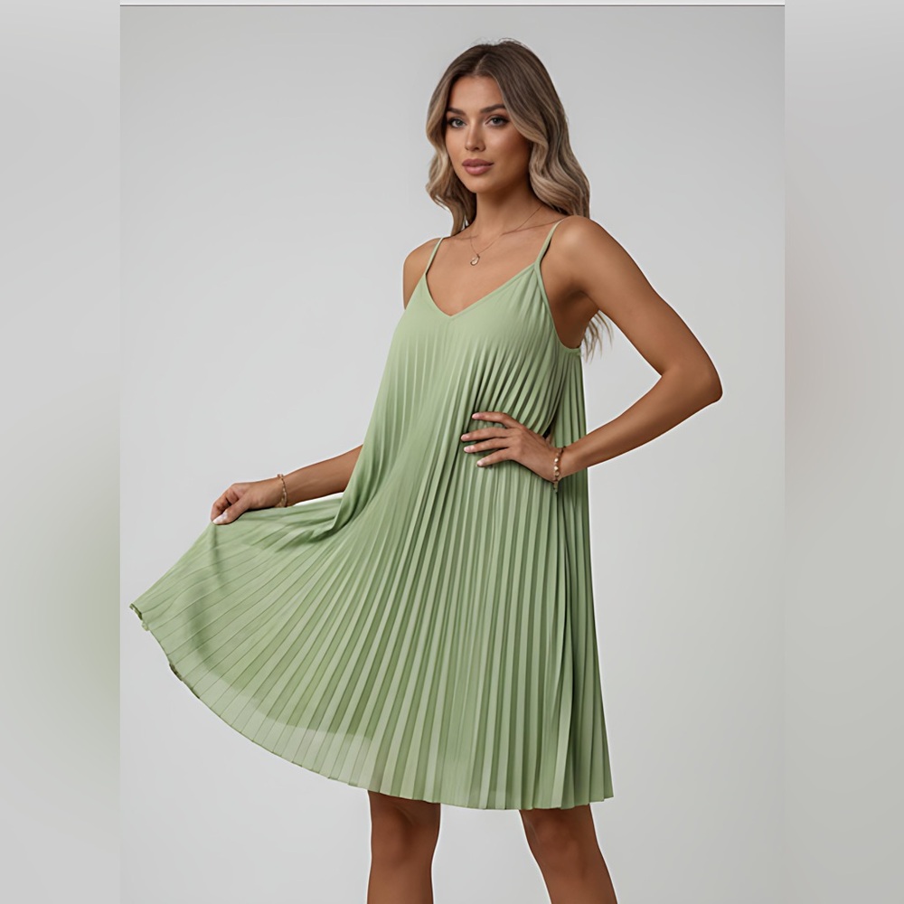 Pleated Spaghetti Strap Mini Dress Green - Picture 2 of 8